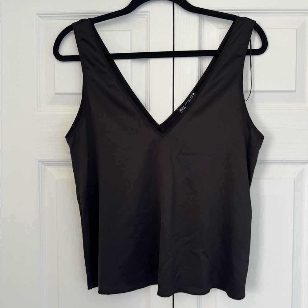 Women's Black Satin V-Neck Top